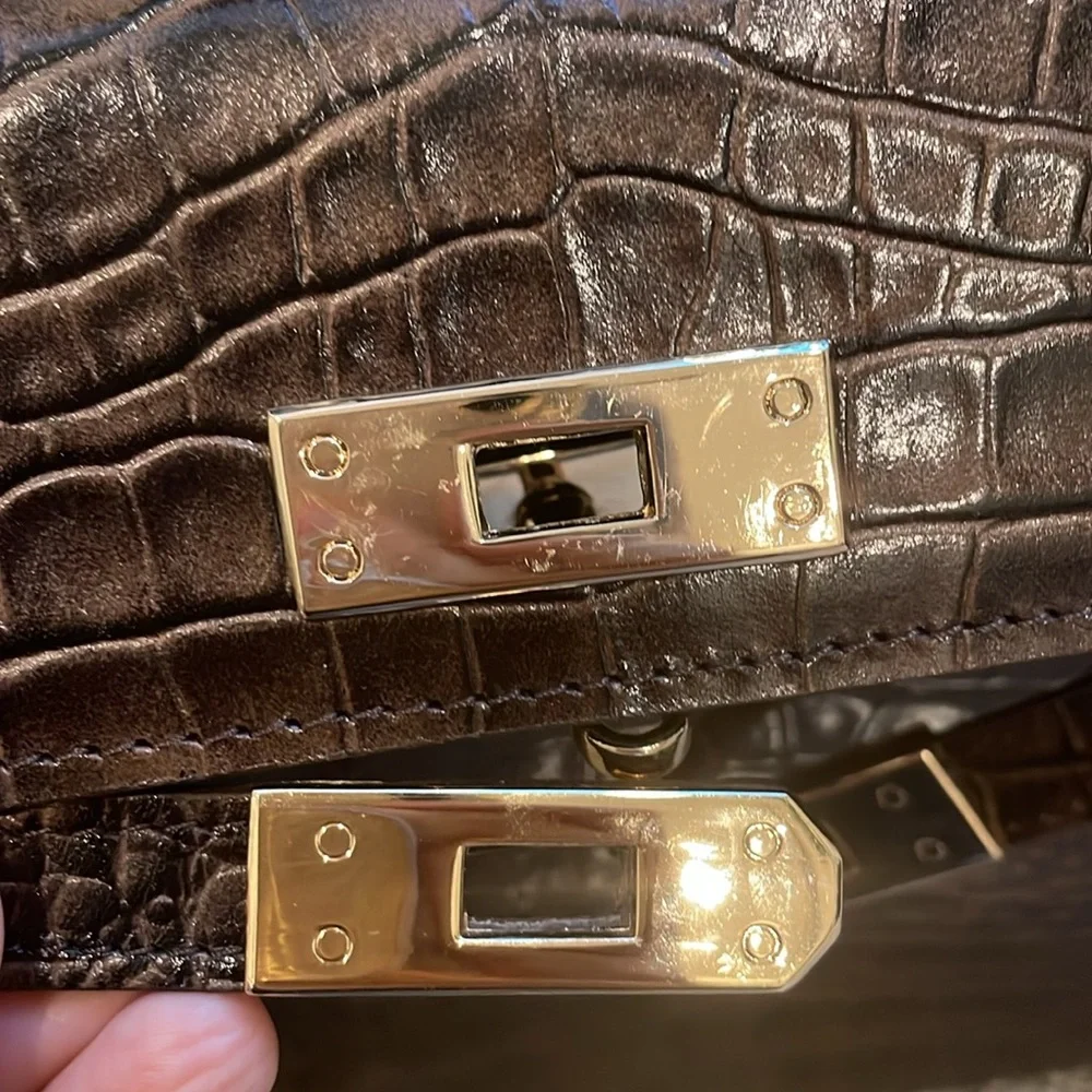 Classic Croc-Embossed Top-Handle Satchel in Dark Brown - Picture 6 of 14